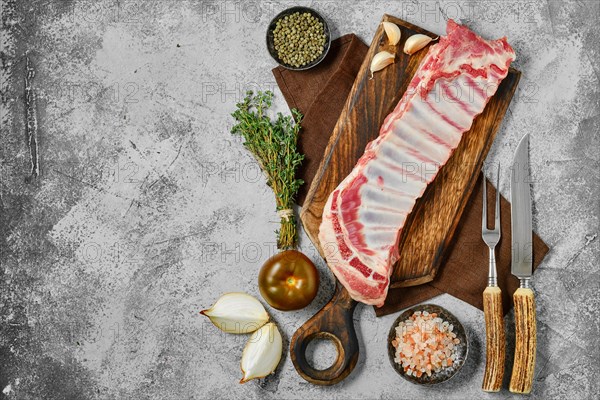 Top view of raw uncooked lamb breast and flap