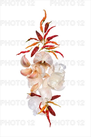 Composition with garlic and chilli pepper isolated on white background