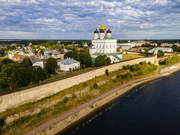 Aerial of the kremlin and the Trinity Cathedral in Pskov