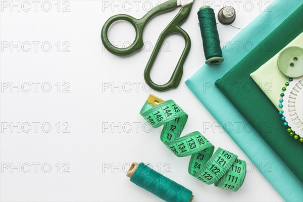 Top view fabrics with measuring tape thread. Resolution and high quality beautiful photo