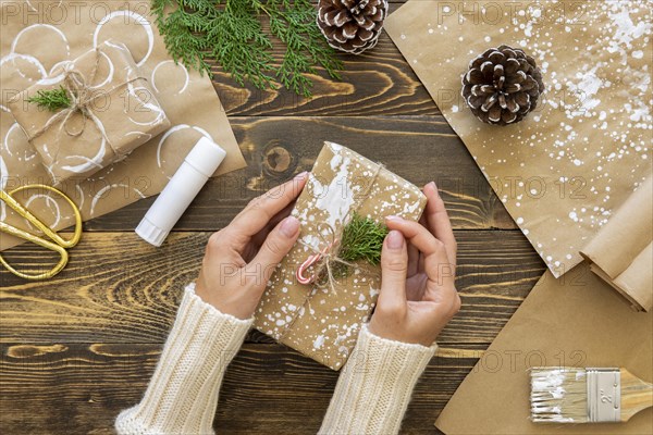 Top view hands holding christmas gift with plant pine cones. Resolution and high quality beautiful photo