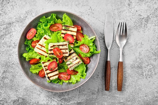 Top view of salad with grilled cheese