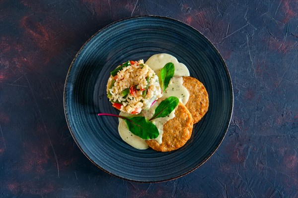 Top view of pike cutlet with rice