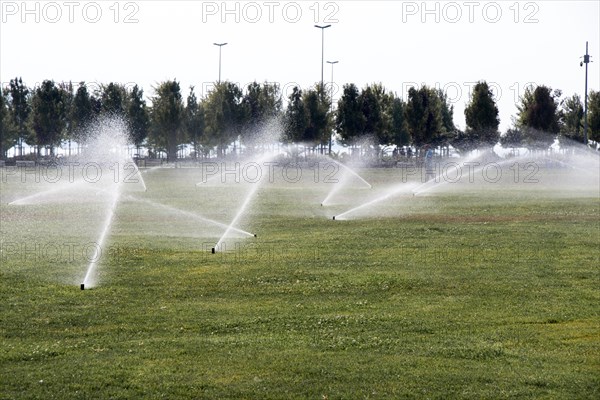 Lawn water sprinkler spraying water over grass in garden