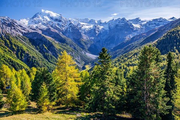 Panorama of the valley with Ortler 3905m and Trafoier ice wall 3565m in early autumn