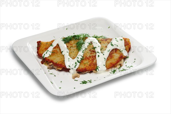 Layout for menu. Potato pancake stuffed with bacon and cheese
