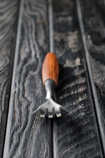 Soft focus photo of stylish fork with wooden handle