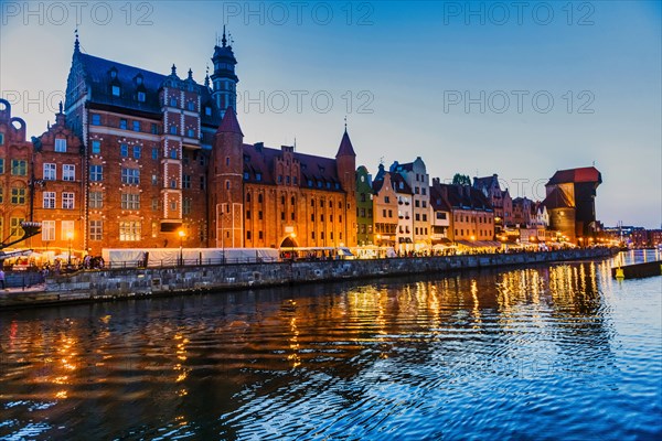 Hanseatic league houses on the Motlawa river at sunset