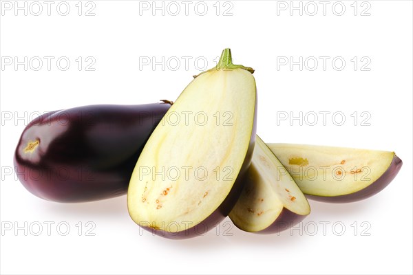 Fresh whole eggplant and cut on parts isolated on white background