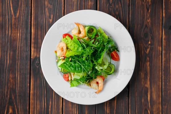 Overhead view of salad with shrimps