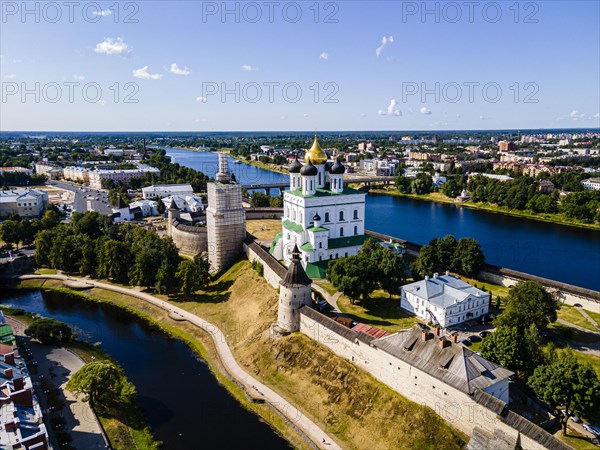 Aerial of the kremlin and the Trinity Cathedral in Pskov