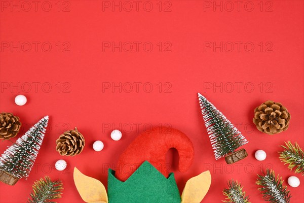 Seasonal flat lay with Christmas elf hat and ears