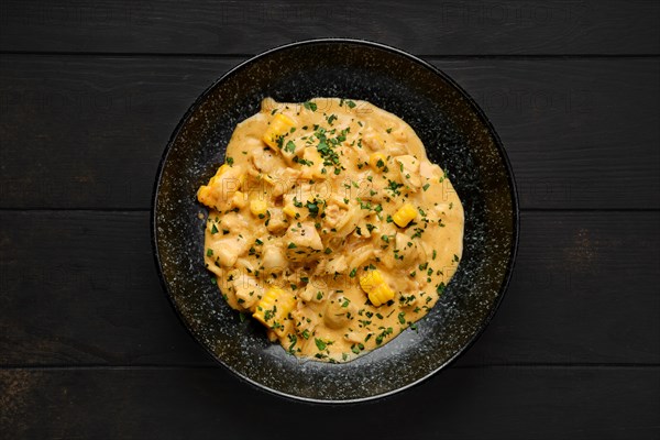 Chicken meat with corn and fried onion covered with creamy sauce on a plate