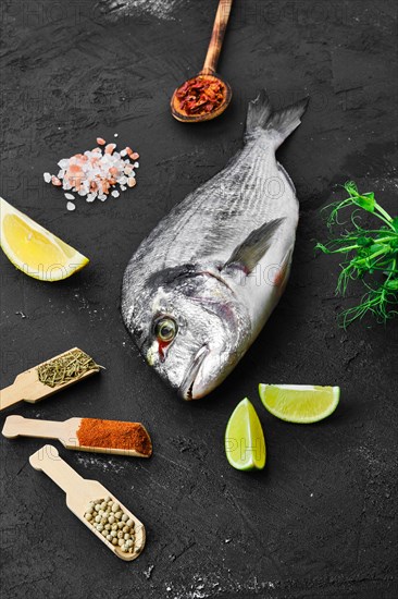 Dorada fish on the table with spice and herbs