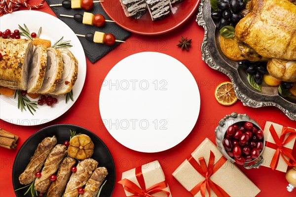 Flat lay delicious christmas food arrangement
