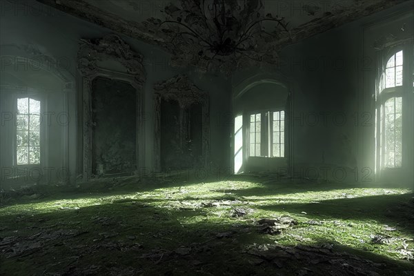 Abandoned manor house with mossy floor
