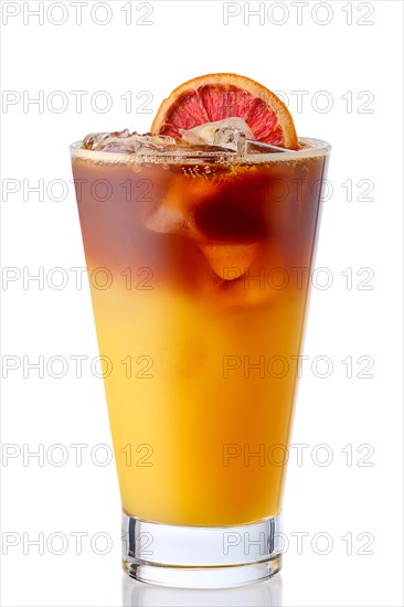 Cold refreshing lemonade with cherry and orange isolated on white background