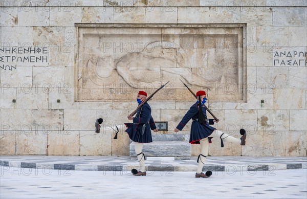 Detachment of the Presidential Guard Evzones in front of the Monument to the Unknown Soldier near the Greek Parliament