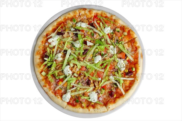 Top view of vegetarian pizza with corn
