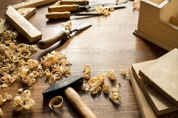 Tools and wood sawdust in workshop. Resolution and high quality beautiful photo