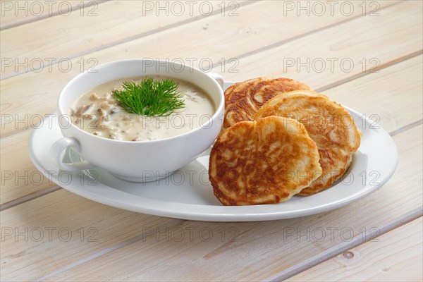 Fritters with mushroom sauce. Traditional Slavic pancakes with fat mushroom and flour sauce