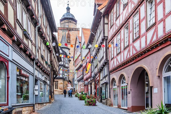 Obere Fulder Gasse with tower of the Walpurgiskirche and half-timbered houses