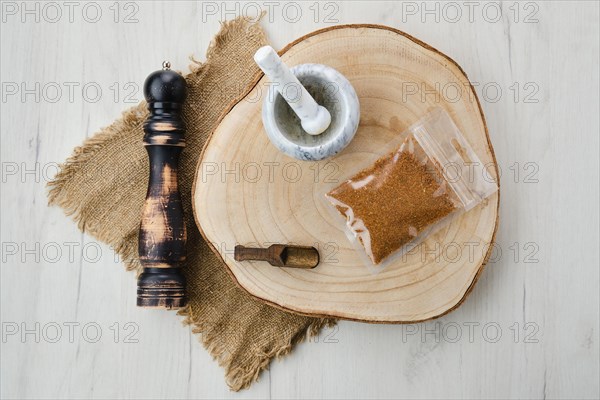 Top view of mixture of different spices in plastic packaging