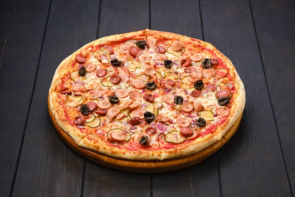 Pizza with various kind of thin sausages