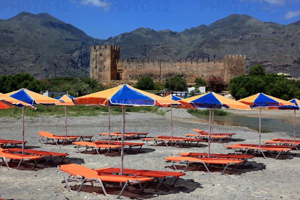 View of the Frangokastello fortress on the south coast of the Mediterranean island from the beach