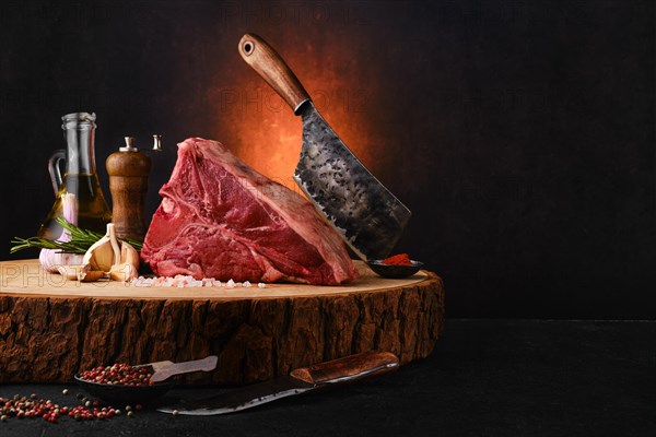 Raw porterhouse steak with ingredients for cooking on wooden log