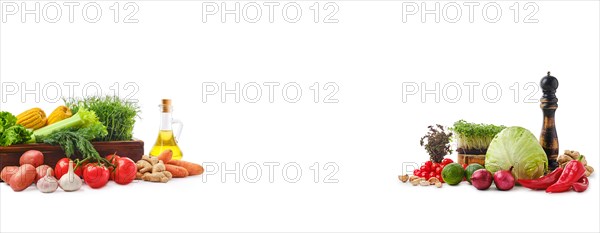 Variety of fresh juicy vegetables and herbs with spice on white background. World food day concept