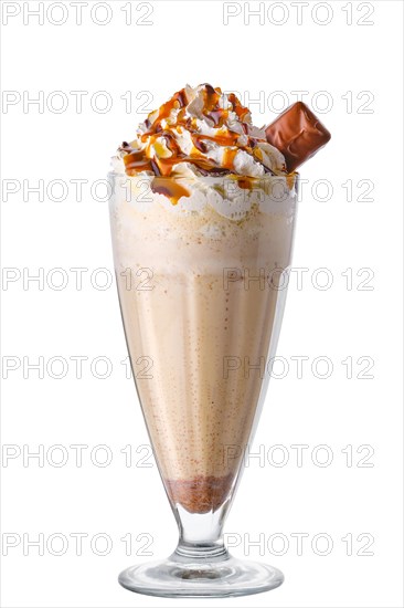 Milkshake with whipped cream and chocolate bar isolated on white background