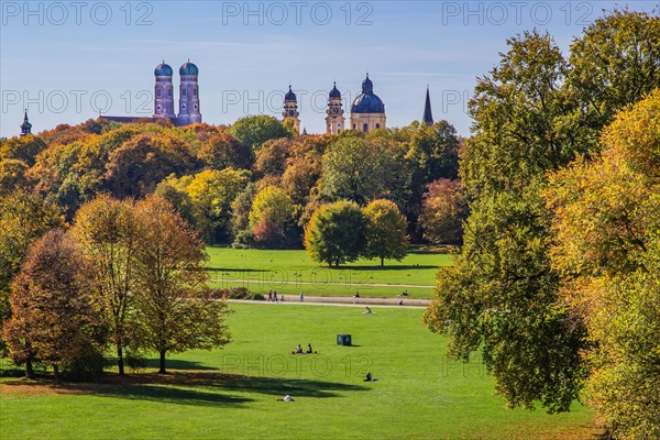 Towers of the city from the Monopteros in the English Garden in autumn