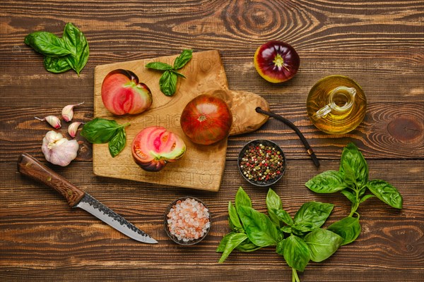 Top view of preparation of spicy tomato salad