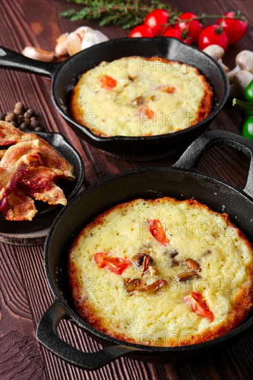 Close up view of cast-iron pan and spices