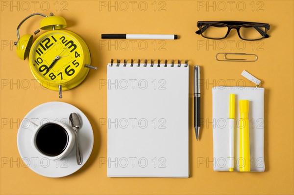 Flat lay notebook coffee cup