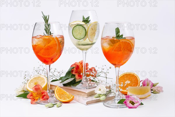 Still life photo of three wine and fruit cocktails. Set of alcohol summer drinks and cocktails