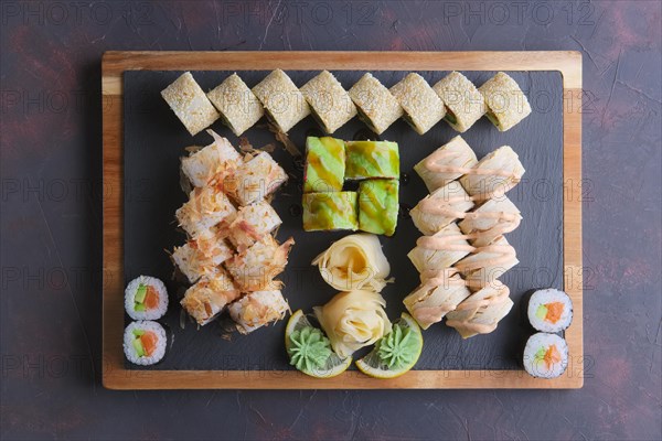 Top view of big set of rolls on stone plate