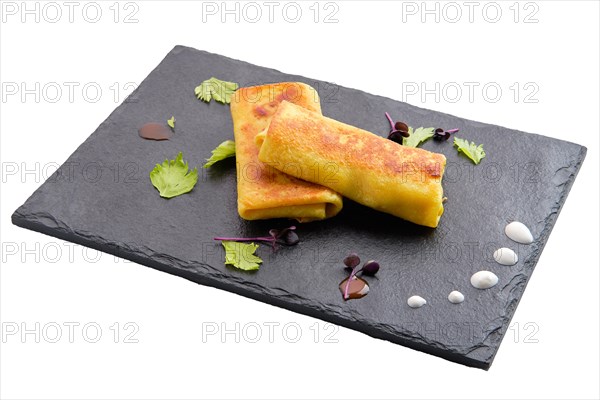Thin pancake stuffed with minced meat and cheese isolated on white background