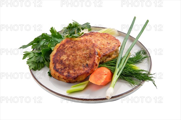 Fried ground beef and potato patties isolated on white background