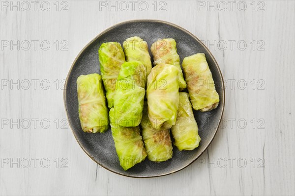 Top view of rolled cabbage leaves stuffed with ground meat