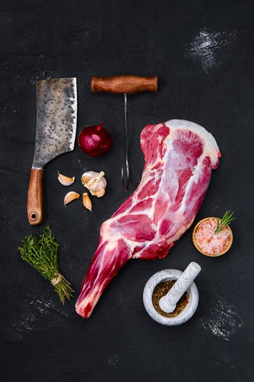 Fresh raw lamb leg bone in on wooden cutting board with herbs and seasoning