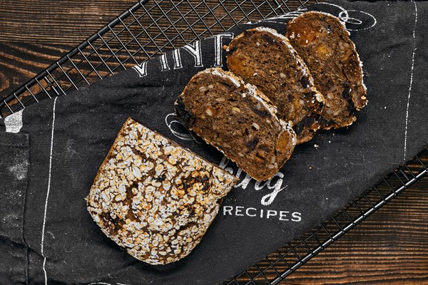 Overhead view of artisan rye bread with dried apricots