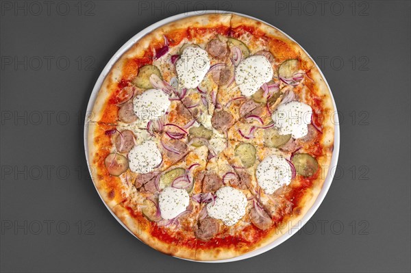 Top view of pizza with sausage