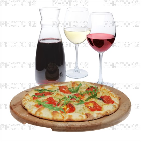 Fresh focaccia and red and white wine isolated on white