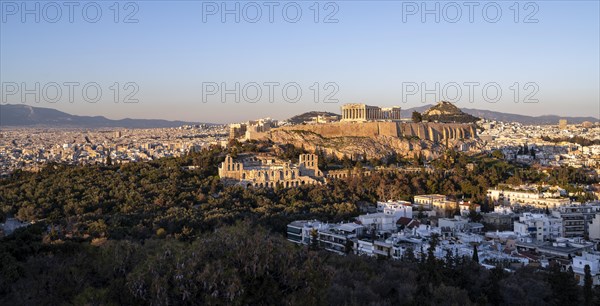 View from Philopappos Hill over the city at sunset