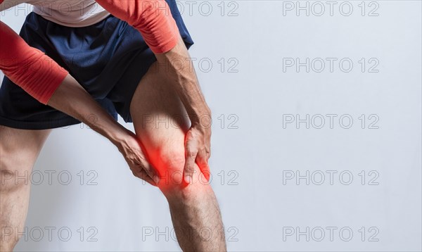 Person with leg muscle pain isolated. Sore man with leg muscle pain. People with leg muscle inflammation isolated. Muscle tear concept