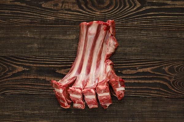 Overhead view of raw fresh doe ribs over dark wooden background