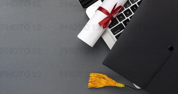 Top view laptop with diploma academic cap. Resolution and high quality beautiful photo