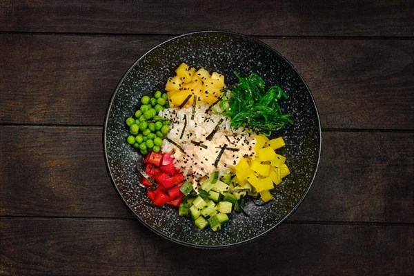 Top view of plate with salad ingredients